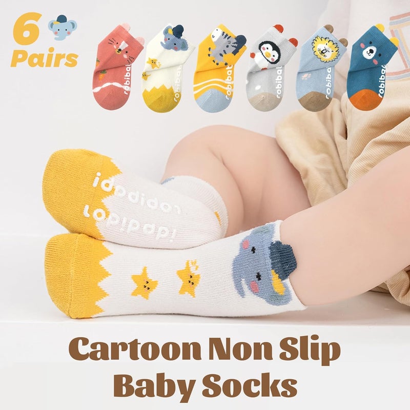 HYCLES Toddler Non Slip Socks, Cartoon Animal Cute Baby Grip Sock for 6-12 Month 1-5 Years Girls Boys 6 Pairs - Image 5